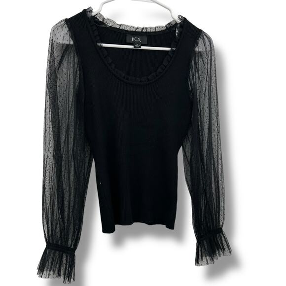NEW BCX Black Mesh Clip Dot Top Size Small Long Sleeve Ruffle Polka Dot Ribbed - Picture 4 of 10